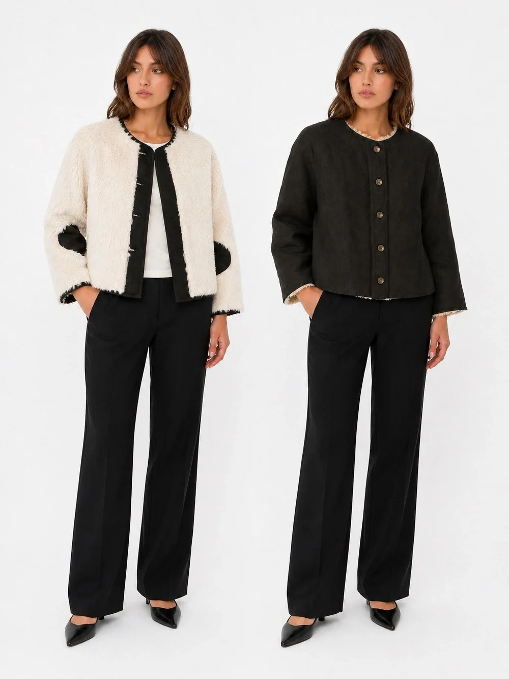 Caron Callahan Tommy Reversible Cropped Jacket Ivory Faux Fur Black Linen Wool M